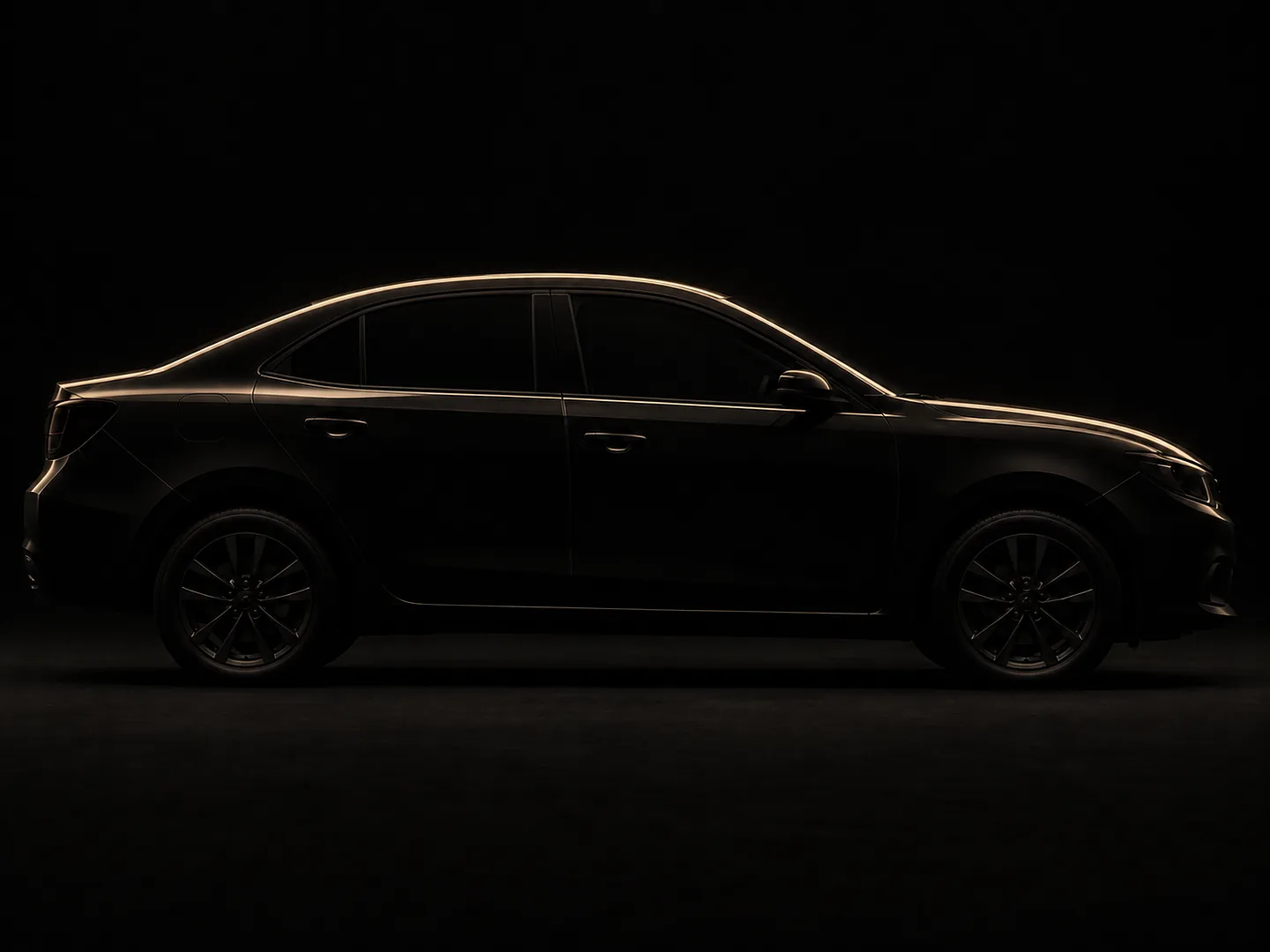 Siluetă de sedan, conturată de o lumină caldă pe fundal negru