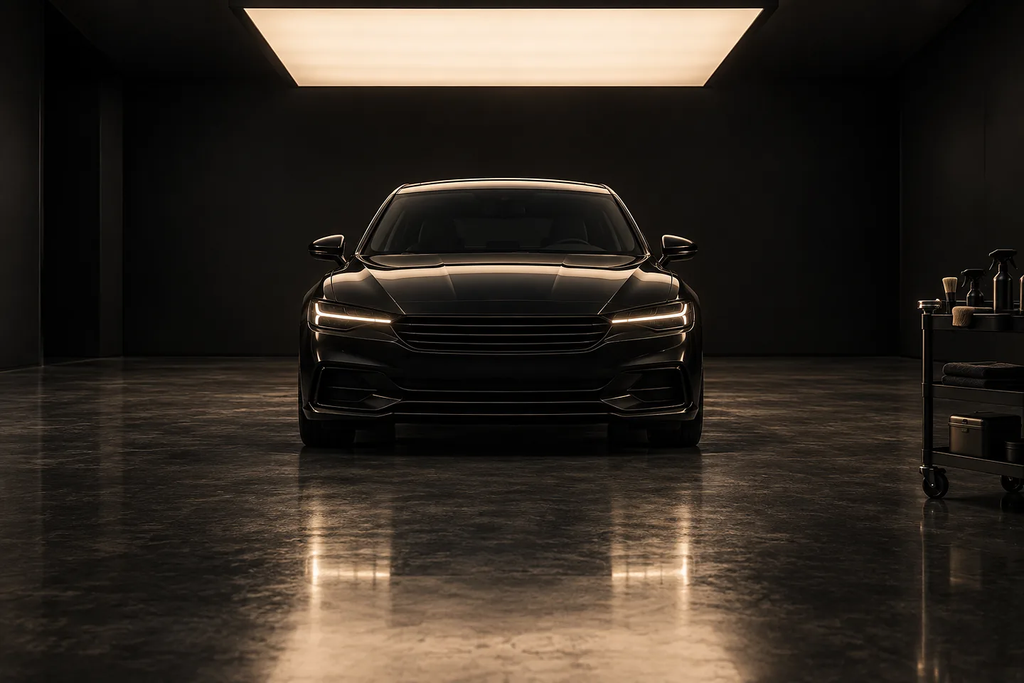 Mașină neagră într-un atelier de detailing, luminată de sus, cu căruciorul de scule alături