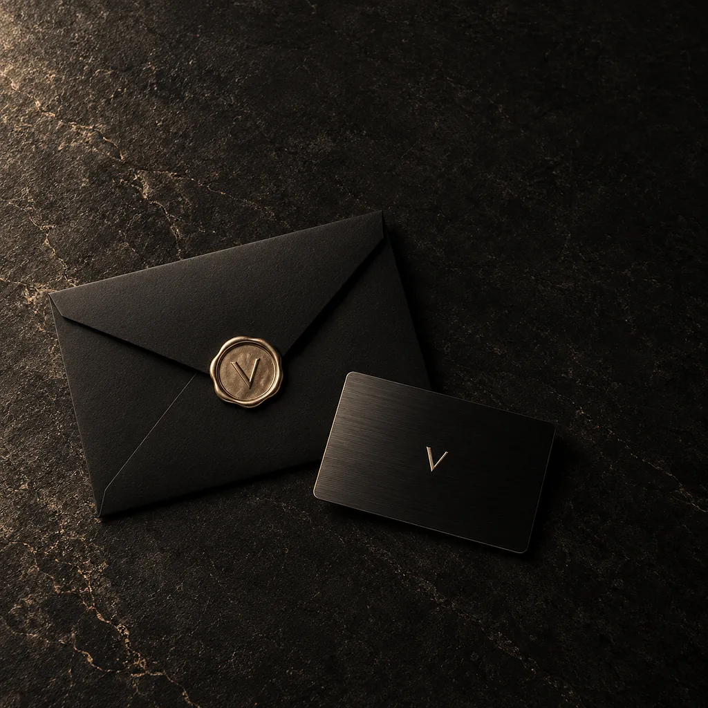 Cardul de fidelitate VELOUR, din metal negru, cu inițiala V gravată